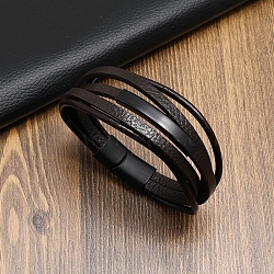 Leather Multi-strand Bracelet, with Stainless Steel Magnetic Clasp, Coconut Brown, 8-1/4~8-5/8 inch(21~22cm)(PW-WG71096-02)