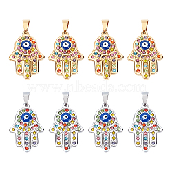 8Pcs 2 Colors 304 Stainless Steel Pendants, with Colorful Rhinestone, Iron Snap On Bails and Enamel, Hamsa Hand with Evil Eye, Golden & Stainless Steel Color, 38x25x4mm, Hole: 5x7mm, 4pcs/color(STAS-DC0002-68)