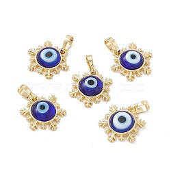 Handmade Evil Eye Lampwork Pendants, with Rack Plating Real 18K Gold Plated Brass Findings, Long-Lasting Plated, Snowflake Charm, Medium Blue, 15x14x4mm, Hole: 4x6.5mm(LAMP-G157-04G-15)