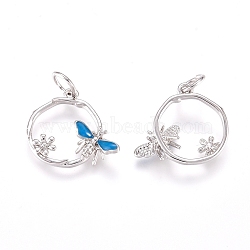 Brass Charms, with Enamel and Jump Rings, Ring with Butterfly & Flower, Sky Blue, Platinum, 11.5x14x3mm, Hole: 3.2mm(ZIRC-L070-82P)