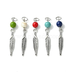 Synthetic Turquoise Dyed Pendants, Antique Silver Plated Alloy Charms, Mixed Color, Feather, 39mm, Pendant: 28.5x4.5x2mm, Hole: 4.5mm(PALLOY-JF02308-02)