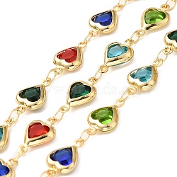 Heart Handmade Brass Glass Link Chains, Real 18K Gold Plated, Soldered, with Spool, Cadmium Free & Lead Free, Mixed Color, 12.5x7.5x2.5mm(CHC-M024-04G-04)