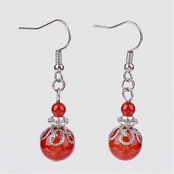 Natural Carnelian Bead Dangle Earrings, with Brass Earring Hooks, Alloy and Iron Findings, Platinum, 42mm