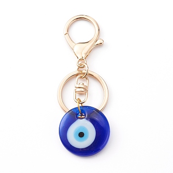 Handmade Lampwork Evil Eye Keychain, with Alloy Split Key Rings, Flat Round, Blue, Golden, 8.7cm