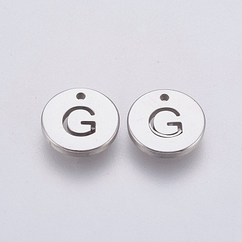 304 Stainless Steel Charms,  Flat Round with Letter, Stainless Steel Color, Letter.G, 10x1mm, Hole: 1mm