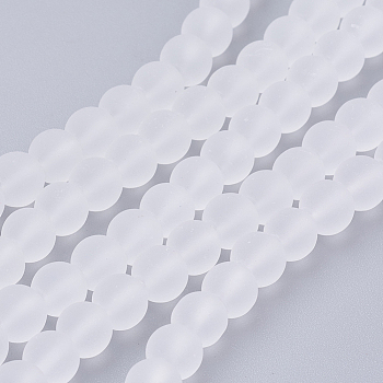 Transparent Glass Bead Strands, Frosted, Round, White, 6mm, Hole: 1.3~1.6mm, about 140pcs/strand, 31.4 inch