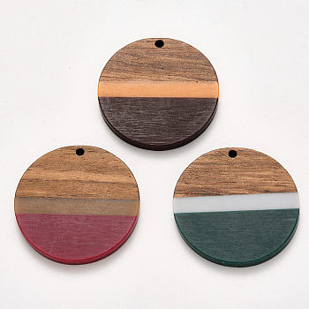 Resin & Walnut Wood Pendants, Waxed, Flat Round, Mixed Color, 32.5x3~4mm, Hole: 2mm