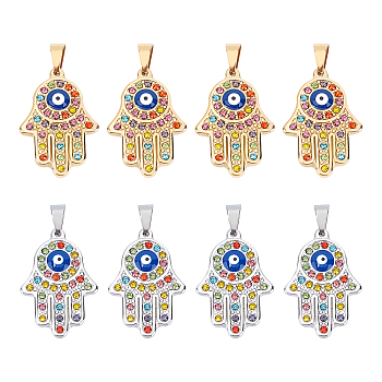 8Pcs 2 Colors 304 Stainless Steel Pendants, with Colorful Rhinestone, Iron Snap On Bails and Enamel, Hamsa Hand with Evil Eye, Golden & Stainless Steel Color, 38x25x4mm, Hole: 5x7mm, 4pcs/color