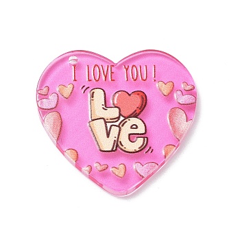 Valentine's Day Theme Acrylic Pendant, Heart with Word I LOVE YOU, Hot Pink, 37.3x36.5x2.3mm, Hole: 1.8mm