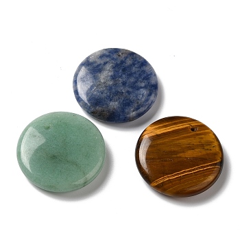 Natural Mixed Gemstone Pendants, Flat Round Charms, 30x6~7.5mm, Hole: 1.2mm