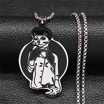 304 Stainless Steel Enamel Pendant Necklaces, Cat Shape, Stainless Steel Color, 19.37 inch(49.2cm)