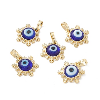 Handmade Evil Eye Lampwork Pendants, with Rack Plating Real 18K Gold Plated Brass Findings, Long-Lasting Plated, Snowflake Charm, Medium Blue, 15x14x4mm, Hole: 4x6.5mm