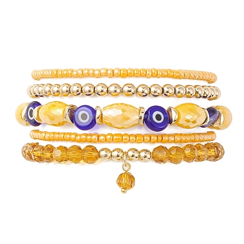 5Pcs 5 Style Glass & Lampwork Evil Eye Stretch Bracelets Set, Stackable Bracelet with Round Charms, Gold, Inner Diameter: 2-3/8 inch(5.9cm), 1Pc/style