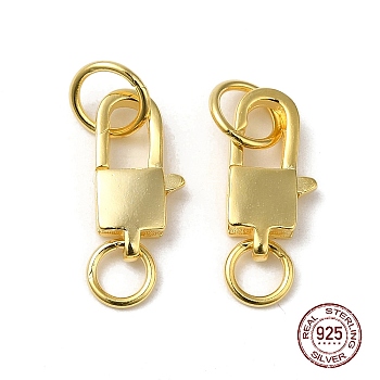 925 Sterling Silver Lobster Claw Clasps with Jump Rings, Square with 925 Stamp, Golden, 13x6.5x2.8mm
