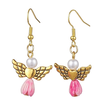 Angel Antique Golden Alloy & Resin Dangle Earrings, Imitation Pearl Acrylic Drop Earrings, Pearl Pink, 45x21.5mm