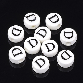 Handmade Porcelain Beads, Horizontal Hole, Flat Round with Letter, White, Letter.D, 8~8.5x4.5mm, Hole: 2mm