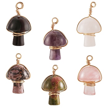 6Pcs 6 Style Natural Mixed Gemstone Pendants, with Real 18K Gold Plated Eco-Friendly Copper Wire Wrapped, Mushroom, 28~32x16~17x16~17mm, Hole: 3mm