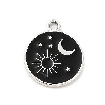 Alloy Enamel Pendants, Platinum, Flat Round Charm, Moon Pattern, 20x18x1.5mm, Hole: 2mm