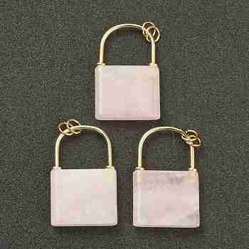 Natural Rose Quartz Pendants, with Golden Plated Brass Findings, Lock, 46.5~47x30x7mm, Hole: 6mm