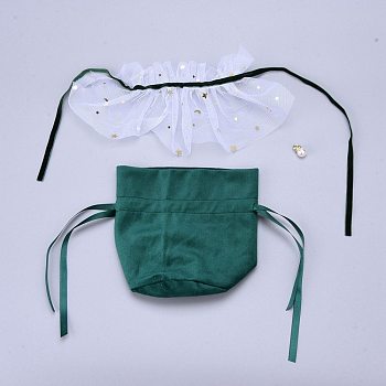Velvet Jewelry Drawstring Gift Bags, with Plastic Imitation Pearl & Star Yarn Skirt Design, Wedding Favor Candy Bags, Dark Green, 14.2x14.9x0.4cm