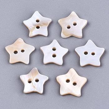 2-Hole Freshwater Shell Buttons, Star, Seashell Color, 12x12~13x2mm, Hole: 1.6mm
