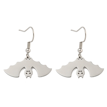 Non-Tarnish Halloween Theme 304 Stainless Steel Dangle Earrings for Women, Bat, Stainless Steel Color, 30x27mm