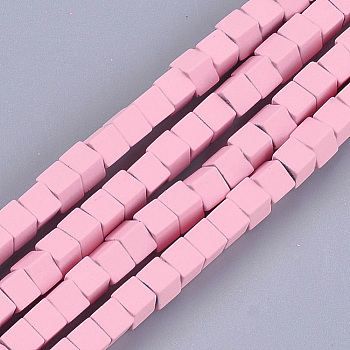 Spray Painted Non-magnetic Synthetic Hematite Beads Strands, Cube, Pink, 4x4x4mm, Hole: 0.8mm, about 94~100pcs/strand, 15.5 inch~16.3 inch