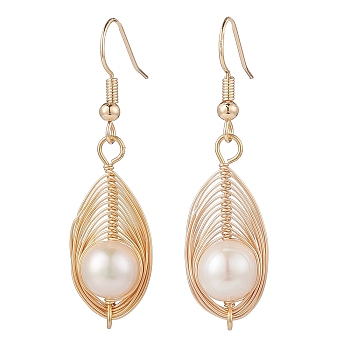 Natural Pearl Teardrop Dangle Earrings, Brass Wire Wrap Drop Earrings with 304 Stainless Steel Pins for Women, Golden, Pendant: 29x12x10mm, 46mm, Pin: 0.9mm
