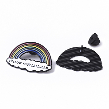 Creative Zinc Alloy Brooches, Enamel Lapel Pin, with Iron Butterfly Clutches or Rubber Clutches, Electrophoresis Black Color, Rainbow with Word Follow Your Daydream, Colorful, 26.5x39.5mm, Pin: 1mm