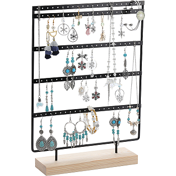 1 Set 5-Tier Rectangle Iron Jewelry Dangle Earring Organizer Holder with Wooden Base, for Earring Storage, Black, Finished Product: 26.5x7x37cm