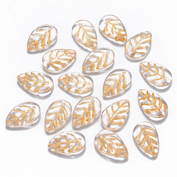 Transparent Spray Painted Glass Pendants, Gold Inlay Color, Leaf, Clear, 17.5x11x3.5mm, Hole: 1.2mm