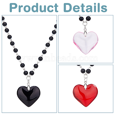 3Pcs 3 Colors Glass Heart Pendant Necklaces Set with Plastic Beaded Chains(NJEW-FI0001-40)-3