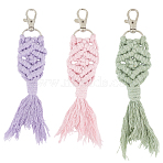3Pcs 3 Colors Fishtail Handmade Cotton Pendant Decoration, with Alloy Swivel Lobster Claw Clasps, Mixed Color, 150x75mm, 1pc/color(HJEW-GO00113)