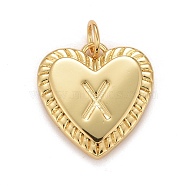 Rack Plating Real 18K Gold Plated Brass Pendants, with Jump Rings, Long-Lasting Plated, Lead Free & Cadmium Free & Nickel Free, Heart with Letter A~Z, Letter.X, 16x15x2.5mm, Jump Ring: 5x0.5mm, 3mm Inner Diameter(KK-E260-01G-X)