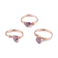 Natural Amethyst Chips Finger Ring, Rose Gold Brass Wire Wrap Jewelry for Women, Inner Diameter: 18mm(RJEW-L082-03RG-05)