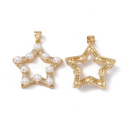 Brass Micro Pave Cubic Zirconia Pendants, with ABS Imitation Pearl, Hollow Star Charm, Real 18K Gold Plated, 28.5x27.5x5.5mm, Hole: 5x3.5mm(KK-B061-03G)