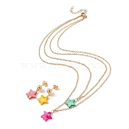 Synthetic Shell Star Pendant Double Layer Neckalces and Dangle Stud Earrings, Gold Plated 304 Stainless Steel Jewelry Sets for Women, Colorful, 16.22 inch(41.2cm), 24mm, Pin: 0.8mm(SJEW-F217-01A-G)