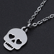 For Halloween, 201 Stainless Steel Pendant Necklaces, with Cable Chains and Lobster Claw Clasps, Skull, Stainless Steel Color, 15.74 inch(40cm), 1.5mm(NJEW-S105-JN592-40-1)
