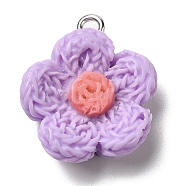 Opaque Resin Pendants, Flower Charms with Platinum Plated Iron Loops, Lilac, 20x18x6mm, Hole: 2mm(RESI-L038-01P-02)