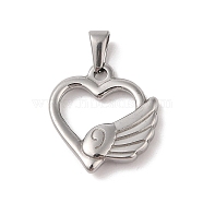 304 Stainless Steel Pendants, Heart with Wing Charm, Stainless Steel Color, 23.5x21.5x4.5mm, Hole: 5.5x3mm(STAS-R232-07P)