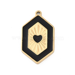 304 Stainless Steel Enamel Pendants, Hexagon with Heart Charms, Real 18K Gold Plated, Ion Plating(IP), Black, 23.5x14x1.5mm, Hole: 1.2mm(STAS-I325-051G)