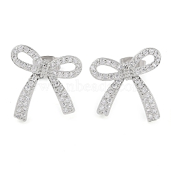 Brass Pave Clear Cubic Zirconia Stud Earrings for Women, Bowknot, Platinum, 18x17mm(EJEW-S225-04P)