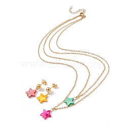 Synthetic Shell Star Pendant Double Layer Necklaces and Dangle Stud Earrings, Gold Plated 304 Stainless Steel Jewelry Sets for Women, Mixed Color, 16.22 inch(41.2cm), 24mm, Pin: 0.8mm(SJEW-F217-01A-G)