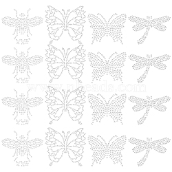 Fingerinspire 48 Sheets 4 Style Glitter Hotfix Rhinestone, Iron on Patches, Dress Shoes Garment Decoration, Butterfly & Bee & Dragonfly, Crystal, 45~65x60~74x1mm, 12sheets/style(DIY-FG0002-62)