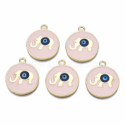 Alloy Enamel Pendants, Real 16K Gold Plated, Cadmium Free & Nickel Free & Lead Free, Flat Round with Elephant and Evil Eye, Misty Rose, 24.5x21x2.5mm, Hole: 2mm(ENAM-Q441-002-NR)