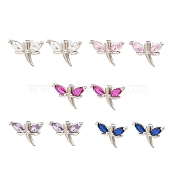 Dragonfly Platinum Brass Stud Earrings, with Clear Cubic Zirconia, Long-Lasting Plated, Lead Free & Cadmium Free, Mixed Color, 10x15mm(EJEW-L270-09P)