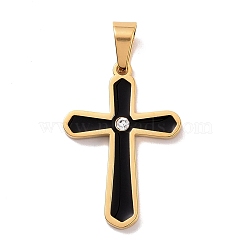 Vacuum Plating 304 Stainless Steel Pendants, with Rhinestone and Enamel, Cross, Golden, 34x24x2.5mm, Hole: 9x5mm(STAS-D188-03G)