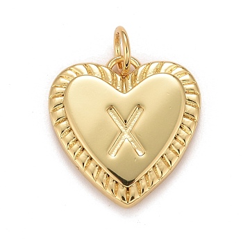 Rack Plating Real 18K Gold Plated Brass Pendants, with Jump Rings, Long-Lasting Plated, Lead Free & Cadmium Free & Nickel Free, Heart with Letter A~Z, Letter.X, 16x15x2.5mm, Jump Ring: 5x0.5mm, 3mm Inner Diameter