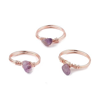 Natural Amethyst Chips Finger Ring, Rose Gold Brass Wire Wrap Jewelry for Women, Inner Diameter: 18mm