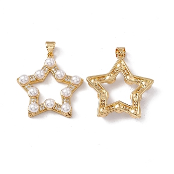 Brass Micro Pave Cubic Zirconia Pendants, with ABS Imitation Pearl, Hollow Star Charm, Real 18K Gold Plated, 28.5x27.5x5.5mm, Hole: 5x3.5mm